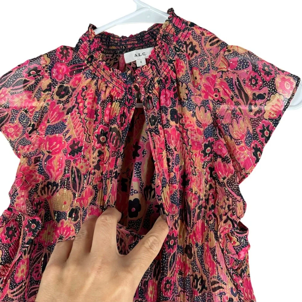 A.L.C. Women’s 4 Hayley Printed Top Silk Blend Chiffon Flutter Sleeve Blouse - Picture 11 of 14